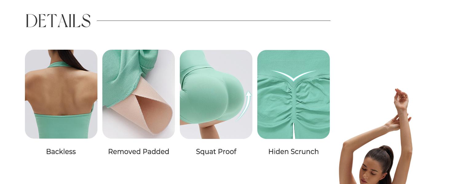 Womens Seamless 2 Piece Workout Sets Padded Halter Tank Top Gym Sets Tummy Control Biker Shorts for Athletic