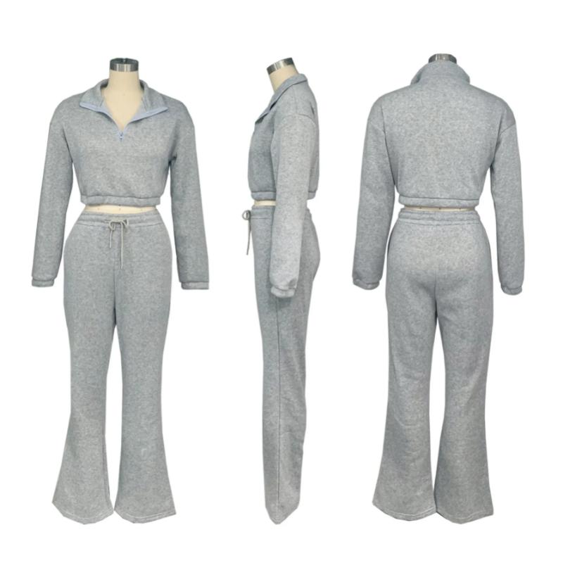 Women's Two-piece Zipper Half Collar Waist Cinched Fleece Sweatshirt Tied Rope Pants Set 2026 Autumn Slim Fit Tracksuit Set Crop Tops Flare Pants Set Fit  Tracksuit Set Drawstring Flare  Set Lounge Set with Flare Leggings Lounge Set with Bell Bottoms