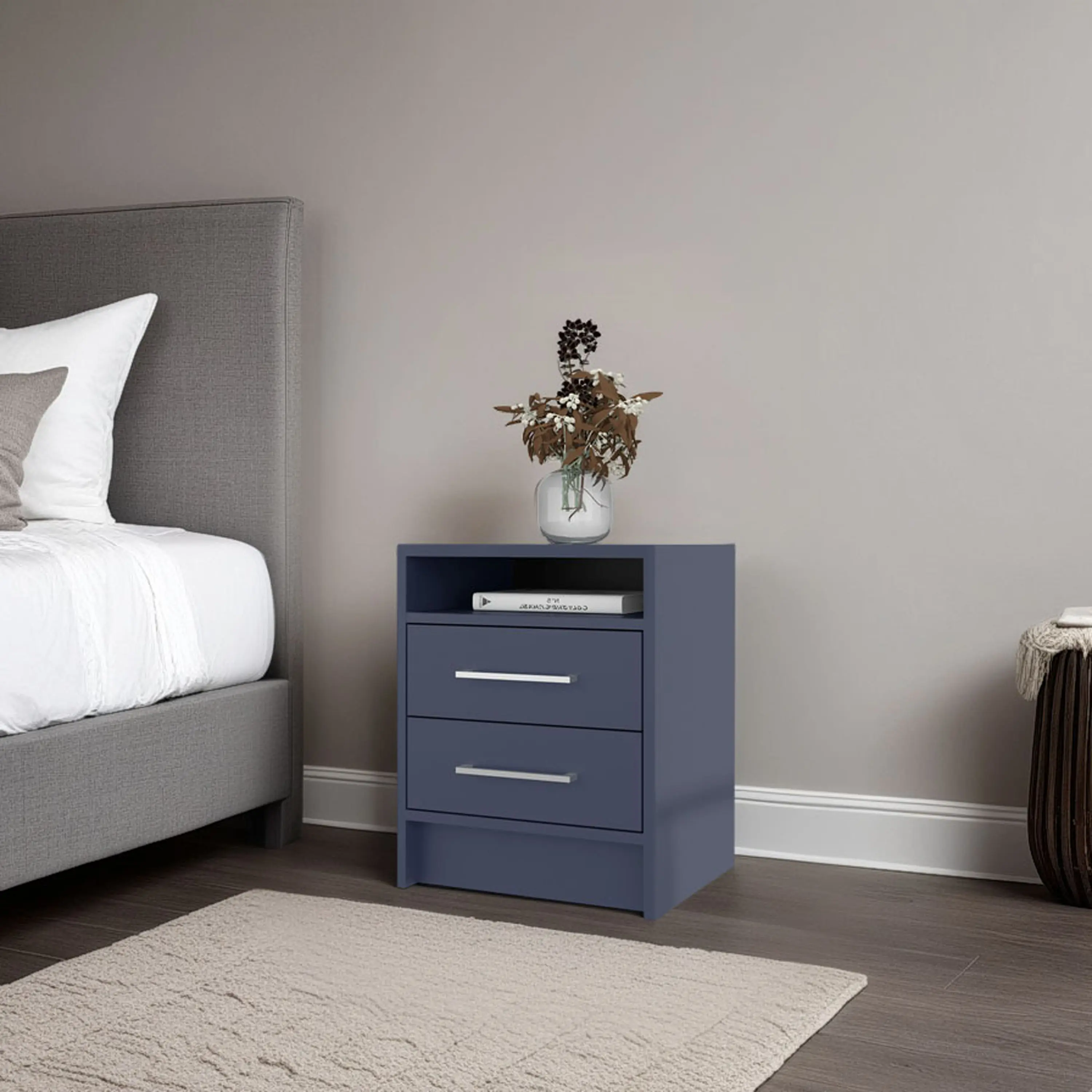 Nokka Modern Bedside Table with 2 Drawers and Open Shelf, Compact Nightstand for Bedroom, Navy Blue, Scratch-Resistant Melamine Particle Board, Easy Assembly, 16W x 15D x 20H in