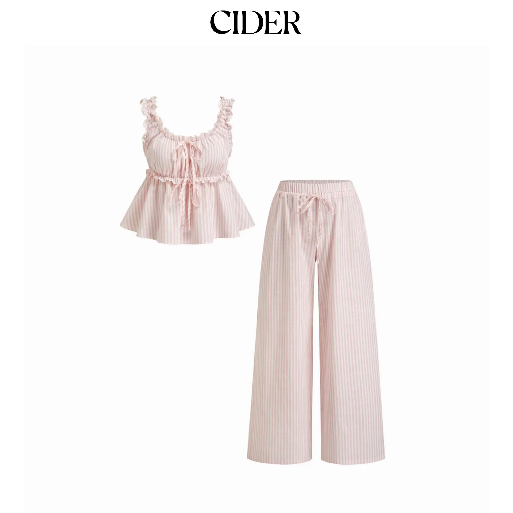 Cider Cotton-blend Stripe Drawstring Ruffle Hem Tank Top & Low Rise Drawstring Trousers Loungewear Set