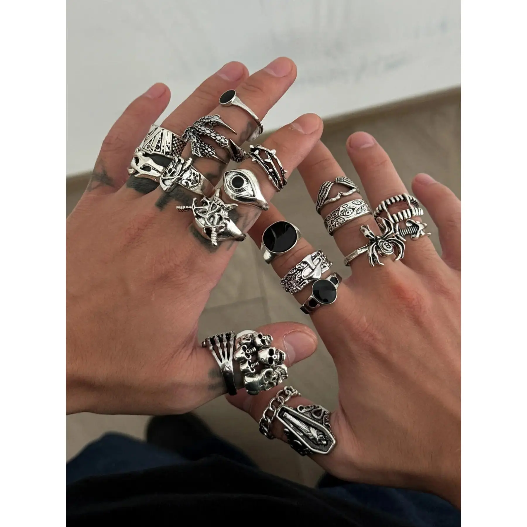 Edgy Vintage Gothic Ring Set - Y2K Alt Aesthetic Chunky Silver Rings & Spooky Season Accessory Edgy Vintage Gothic Ring Set - Y2K Alt Aesthetic Chunky Silver Rings & Spooky Season Accessory
