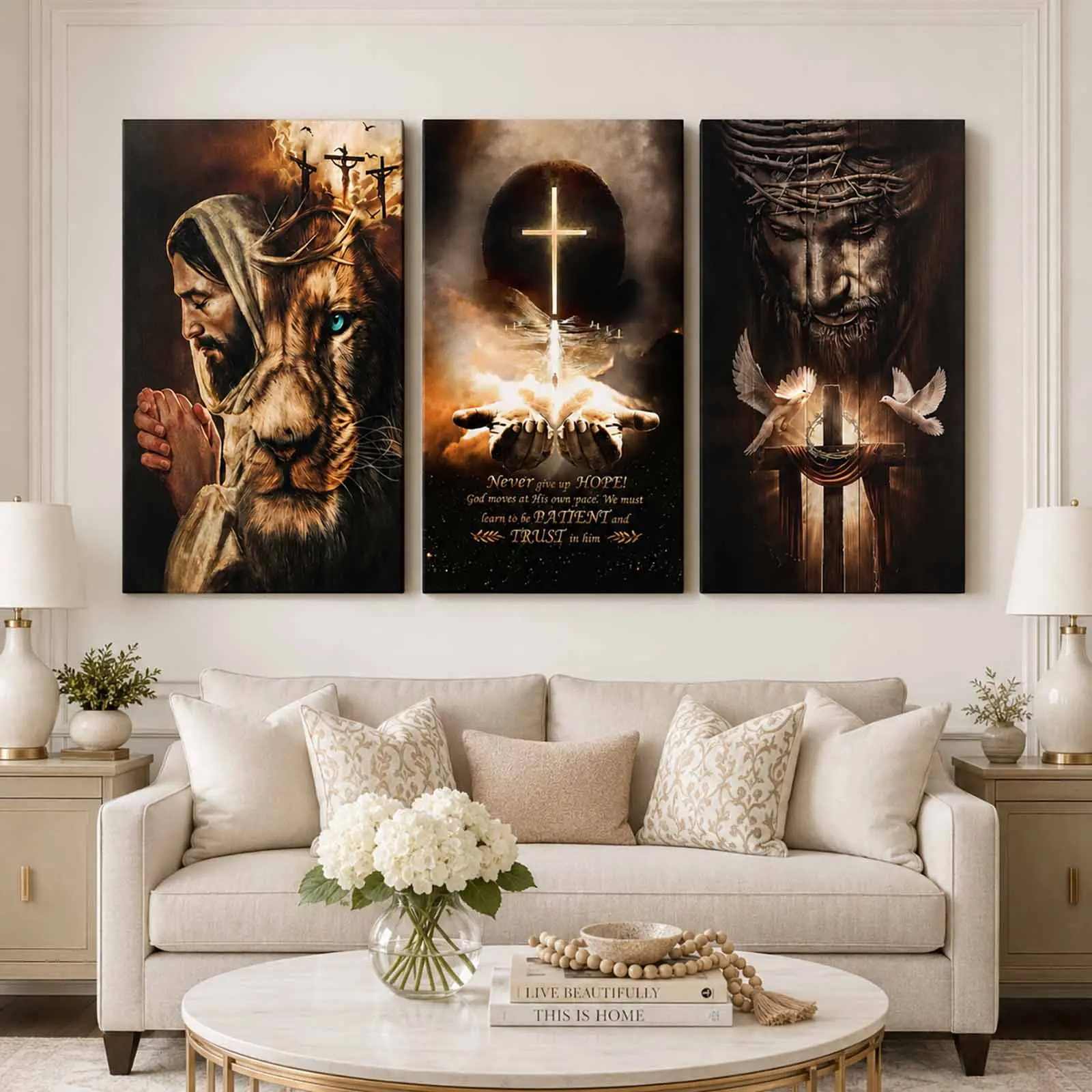 3 Piece Religious Canvas Wall Art Poster Set  Jesus Lion & Cross Prayer Hands Christian Inspirational Wall Decor, Faith Scripture Painting for Living Room Bedroom Office, Modern Spiritual Home Decoration Gift