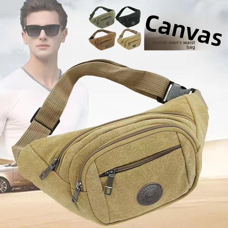 canvas mobile phone fanny pack men's large-capacity multi-functional bag diagonal span dual-purpose breast bag business wallet