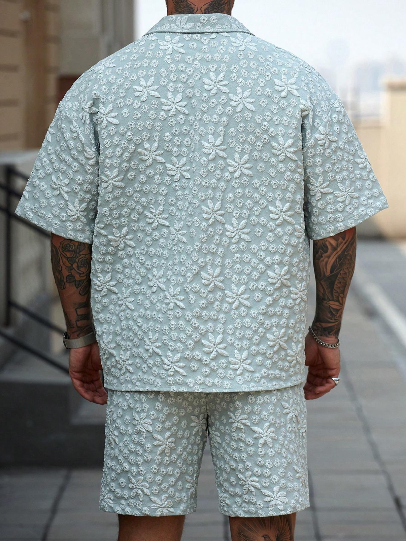 Two-Piece Set Men's Short Sleeve Shirt & Shorts Set, Regular Fit Casual Button Collared Top & Shorts, Men's Summer Outfits Set for Vacation Holiday Beach