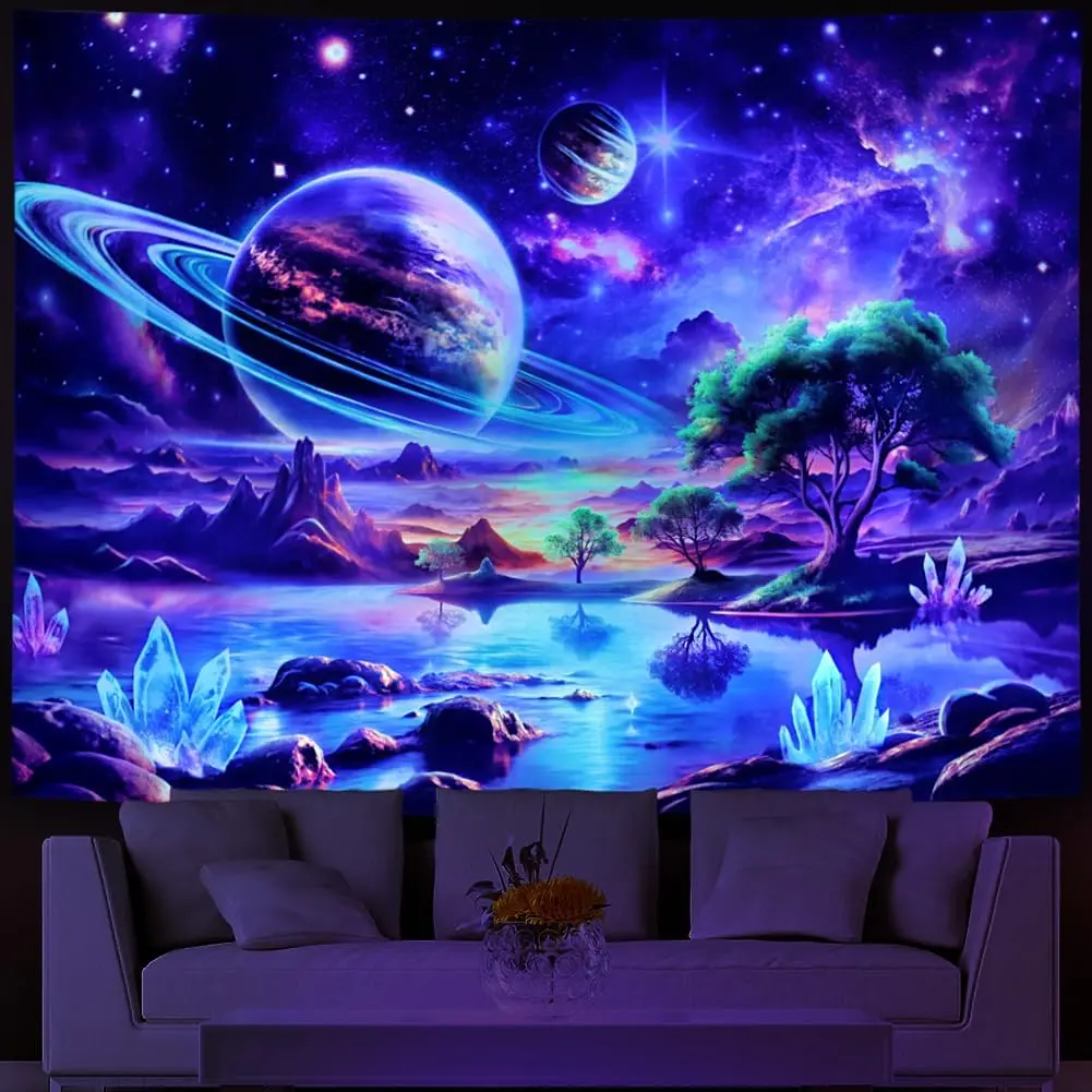 Lahasbja Blacklight Galaxy Space Tapestry UV Reactive Planet Wall Hanging Magical Trees Tapestries Cosmic Mountain Landscape Wall Decor Aesthetic Starry Night Backdrop for Bedroom Tapestry