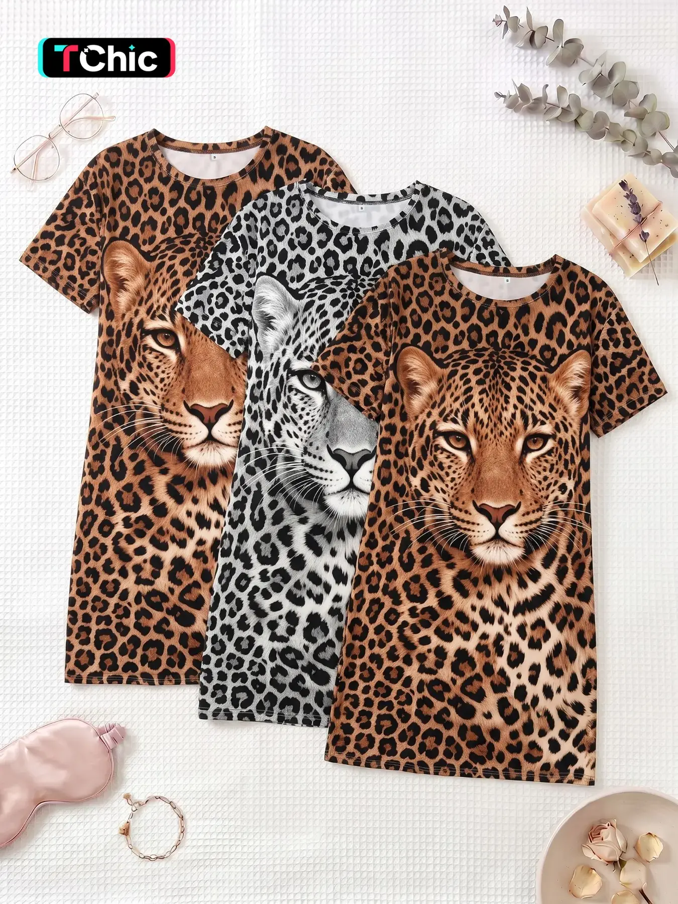 3-Pack Leopard Print Nightdresses, Round Neck Short Sleeve, Breathable Casual Sleepwear, Spring Summer Home Wear, Youthful Style