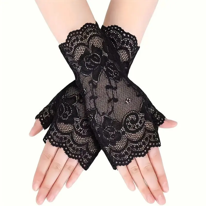 Women's Elegant Floral Lace Half-Finger Gloves - Female Gloves, Sun-Proof, Black, Stretch Fit, Lace-Up, Polyester Mix Outdoor Wear for Outdoor Activities
