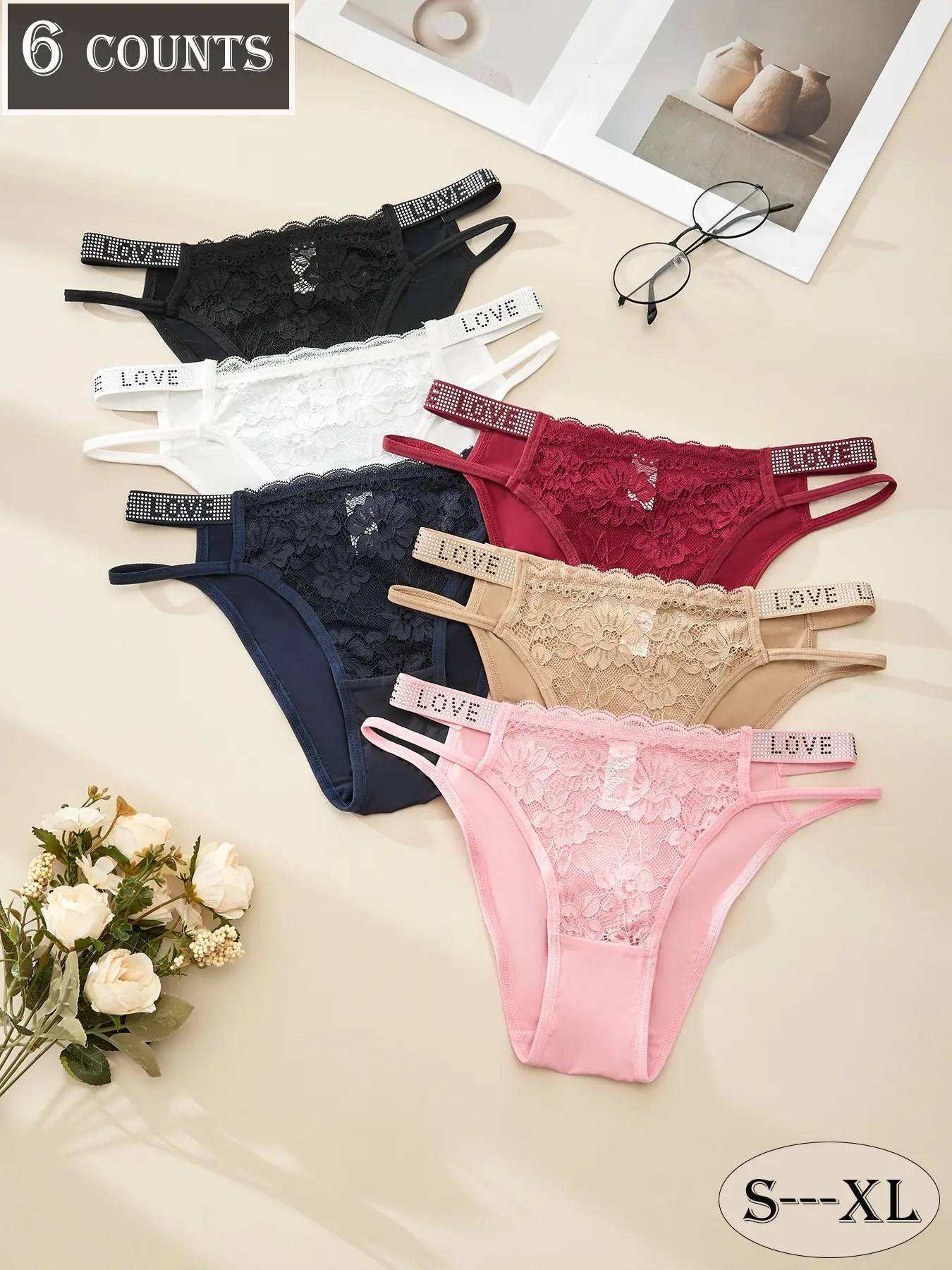 Dorsu 6 Pcs Sexy Women's Lace Briefs Underwear Lingerie Set, Fashion Rhinestone Letter Waistband Design, Ditsy Floral Pattern, Soft Comfortable, All Seasons, Panties