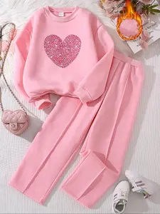 Two-Piece Set Girl's Heart Print Contrast Sequin Sweatshirt & Pants Set, Casual Round Neck Long Sleeve Pullover & Trousers for Fall & Winter, Kids Clothes for Daily Wear Sweatpants Heart Pattern