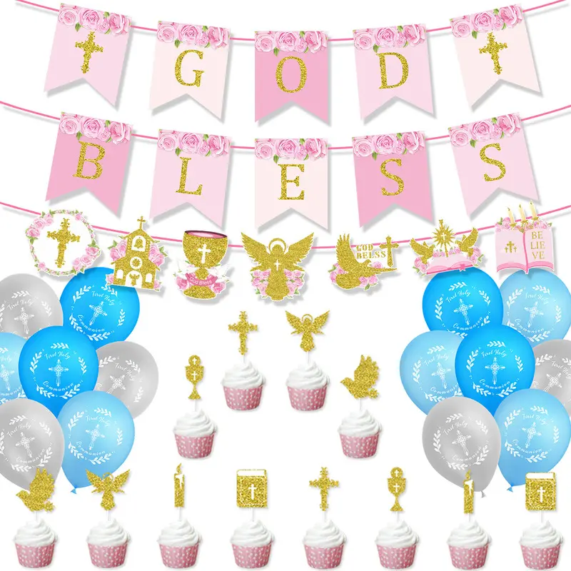 Cross Banner Garland Baptism Baby Shower Communion Party Decorations, Religious Christening Table Wall Decor for Kids Birthday
