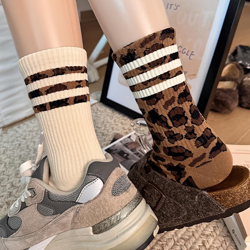 4 Pairs Women's Stylish Mid-Calf Socks - Trendy Striped Leopard Print, Comfortable, Soft For Both Lounge and Outdoor Wear