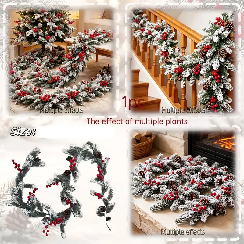 Large Christmas Fruit Pine Cone Spruce Vine Artificial Greenery, Indoor Outdoor Holiday Decor, Durable Material, Traditional Style