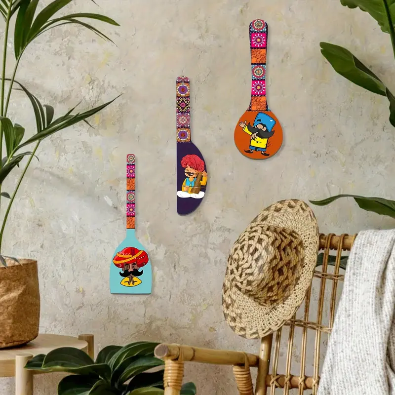 3 Pieces Indian Traditional Men Wooden Kitchen Wall Decor, Spatula Spoon Shape Rajasthani Turban Man Wall Hanging Plaques, Colorful Ethnic Bohemian Desi Art Wall Art for Kitchen Dining Room Home