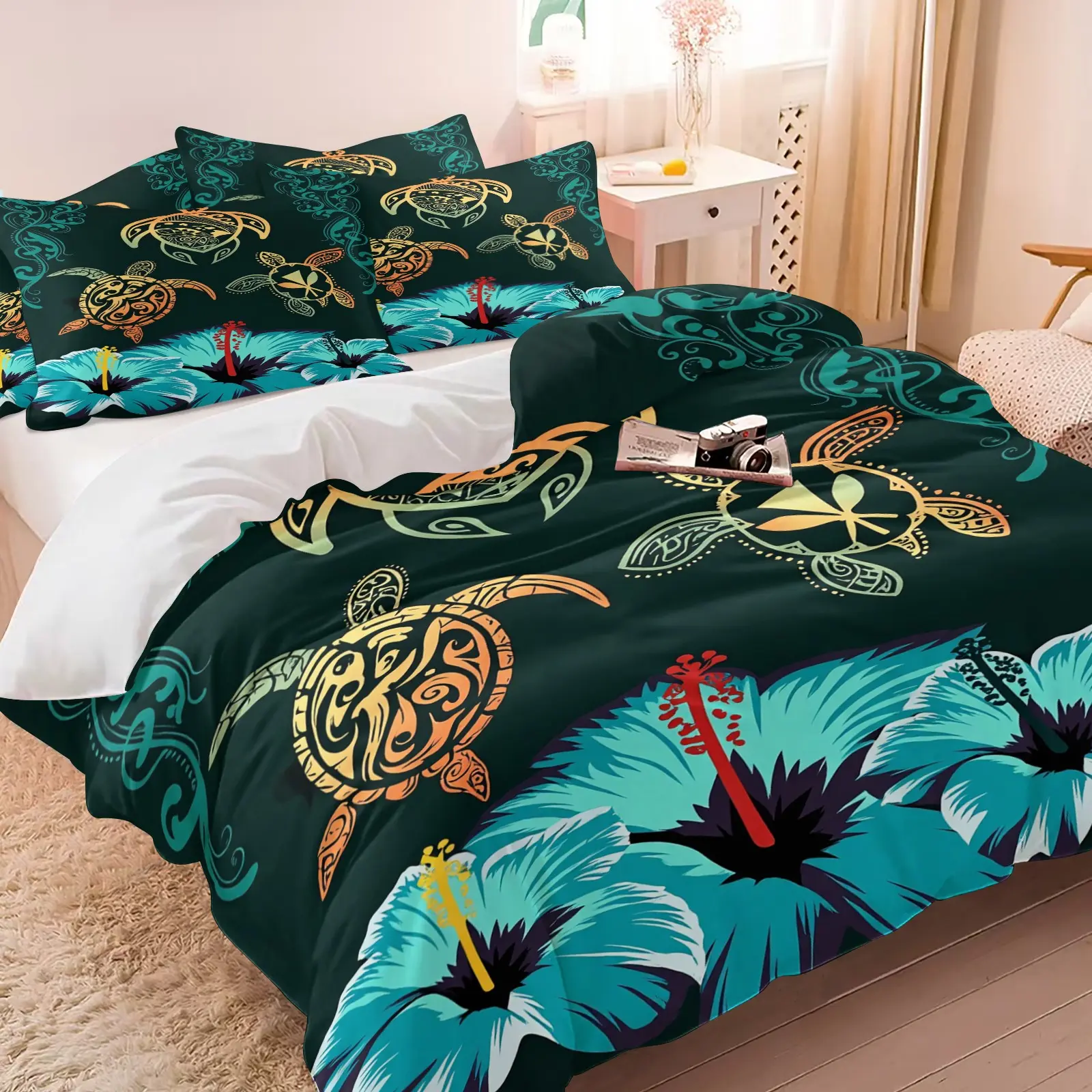 Tropical Polynesian Tribal Sea Turtle Bedding Set, 1 Duvet Cover + 1/2 Pillowcases, No Core, HD Vivid Print, Colorful Hibiscus & Turtle Design, Skin Friendly Bedding for Coastal & Beach Vibe Room