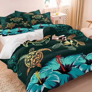 Tropical Polynesian Tribal Sea Turtle Bedding Set, 1 Duvet Cover + 1/2 Pillowcases, No Core, HD Vivid Print, Colorful Hibiscus & Turtle Design, Skin Friendly Bedding for Coastal & Beach Vibe Room