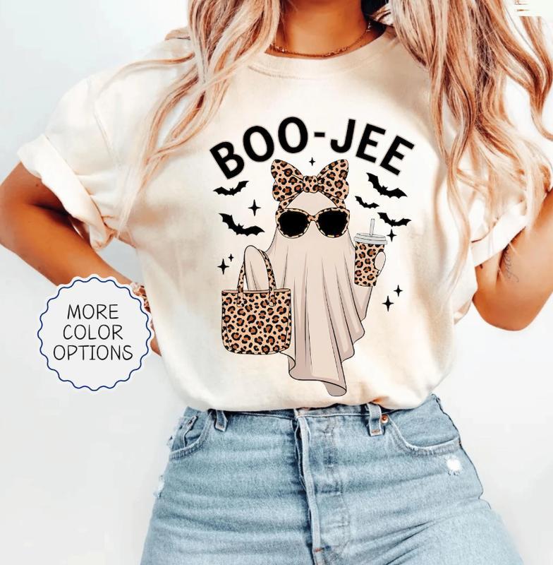 Boo-Jee Ghost Unisex Cotton T-Shirt, Leopard Ghost Tee, Ghost Coffee Funny Fall Shirt, Girly Halloween Gift, Boojee Shirt Casual Breathable Design Round Neck