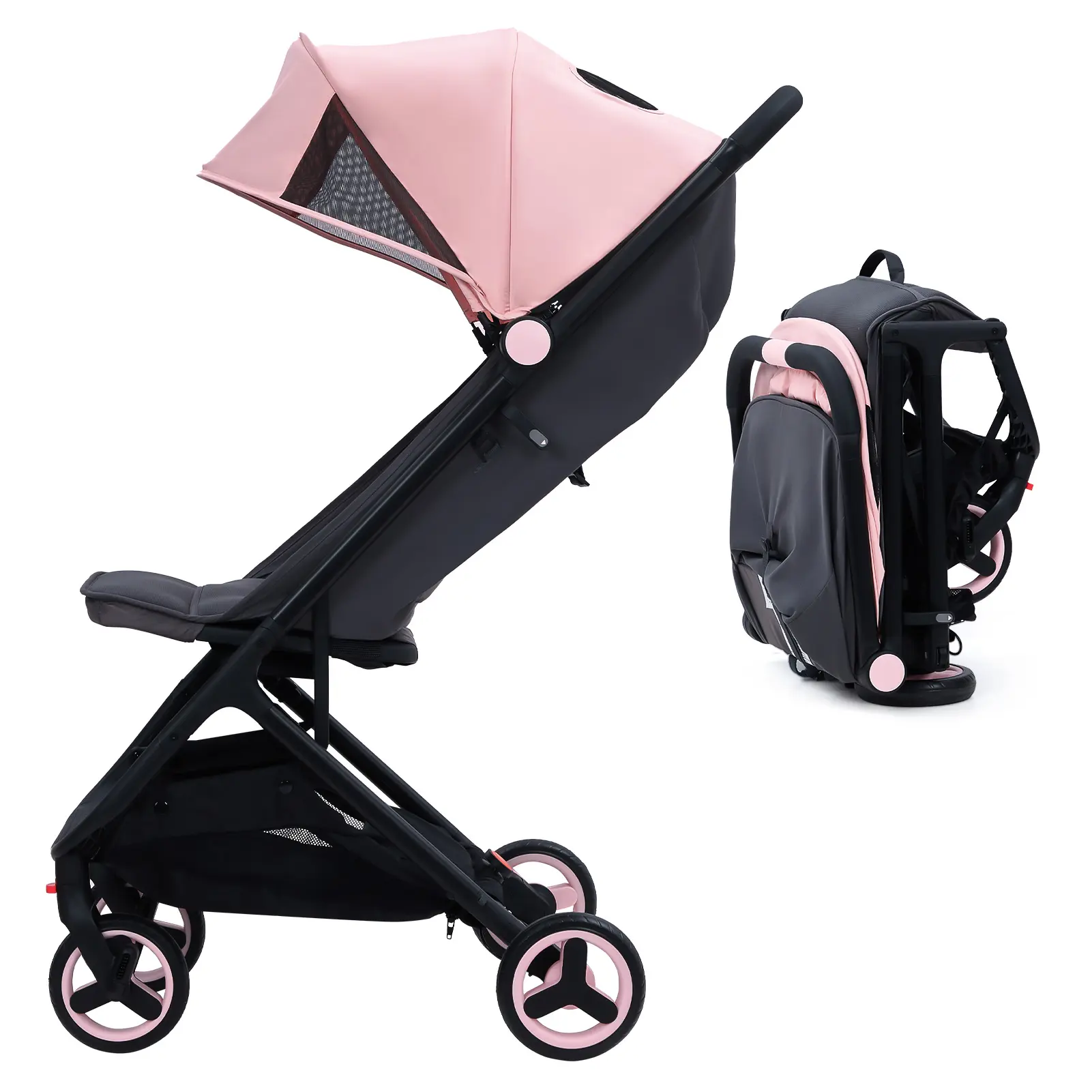 Lightweight Stroller, Compact One Hand Fold Travel Stroller for Airplane Friendly, Reclining Seat and Canopy, Smooth Suspension, Travel System Ready, Black+Pink