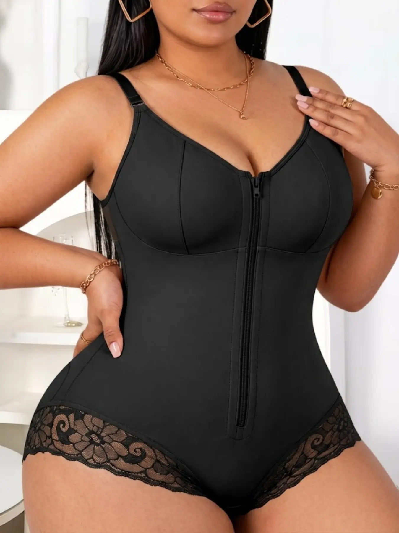 1 Count Women's Lace Trim Anti-Roll Body Shaperwear, Colombian Shapewear, Front Zipper Shapewear, Zipper Shapewear Bodysuit, Butt Lifting & Tummy Control Jumpsuit, Breathable Compression Bodysuit, Shapewear, Suitable For Fashion Looks & Daily Outings
