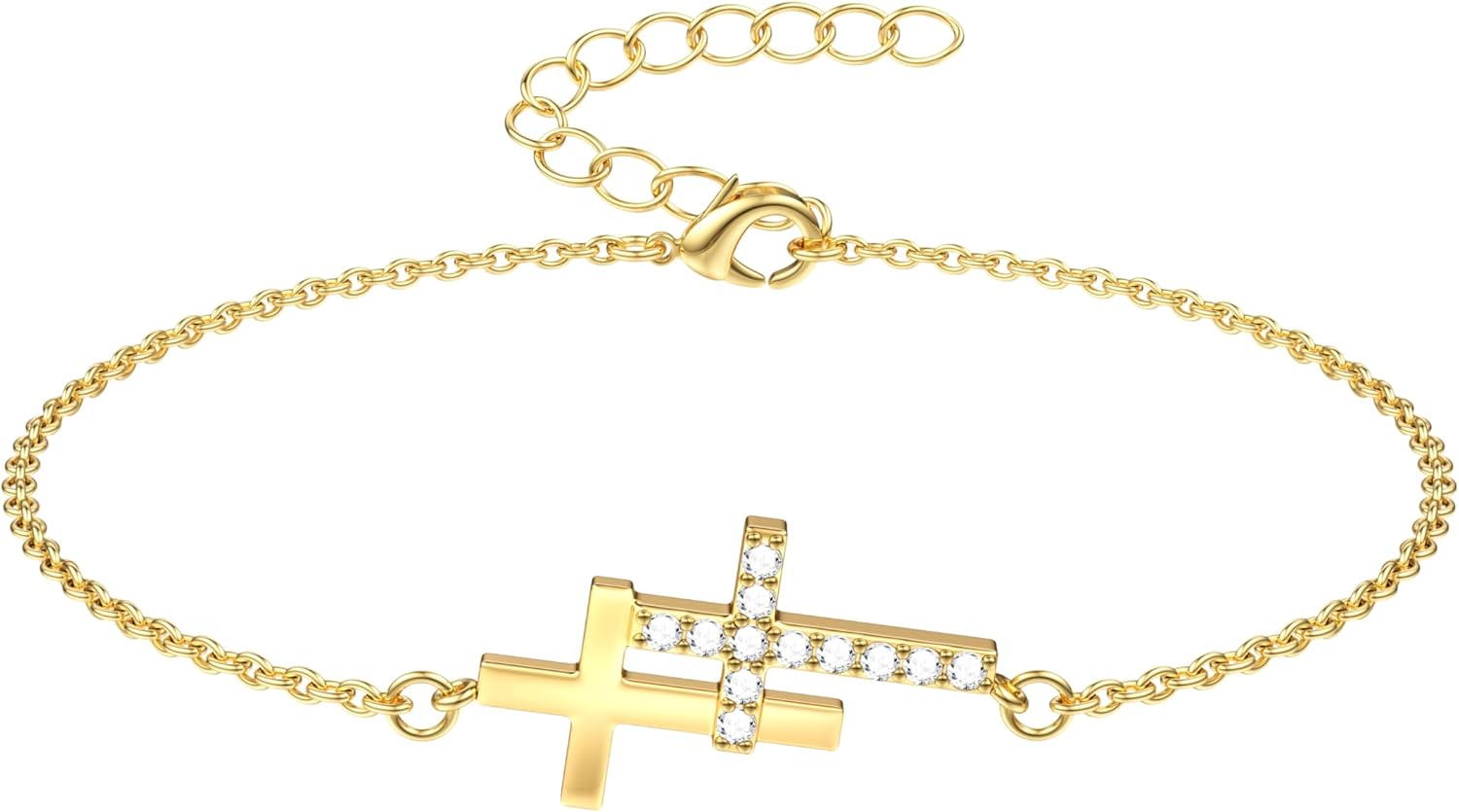 CASSIECA Gold Plated Cross Bracelets for Women 14K Gold Plated Bracelet Cross Tennis Bracelet Stacking Adjustable Cubic Zirconia Chain Bracelets for Women Jewellery Gifts
