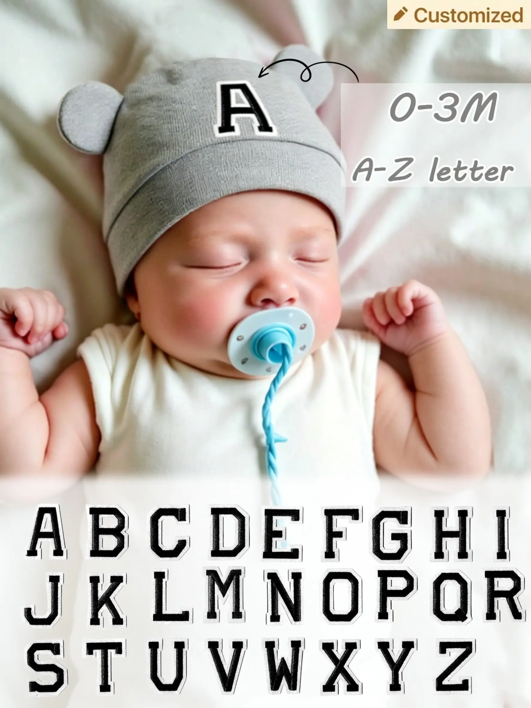 1PC Light Grey Personalized Alphabet Newborn Layette Cap, Soft Cotton Baby Crib Hat, Infant Bear Ear Sleep Beanie, 0-3M Neutral Baby Shower Gift, Fits Baby Boys & Girls Alike