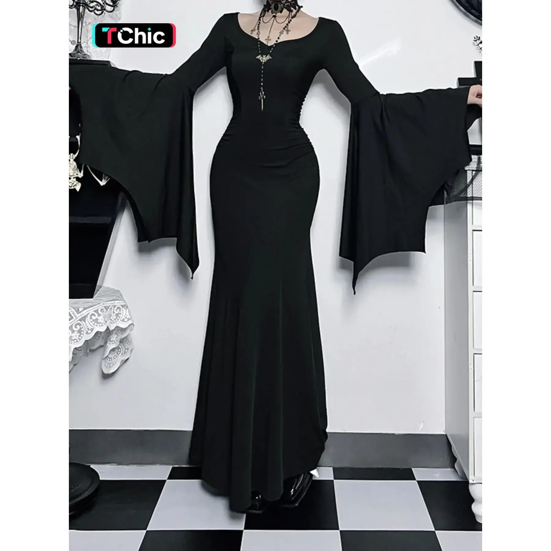 Women's Plain Ruched Mermaid Dress, Elegant Sweetheart Neck Long Sleeve Evening Party Gown, Ladies Fall & Winter Clothes, Womenswear