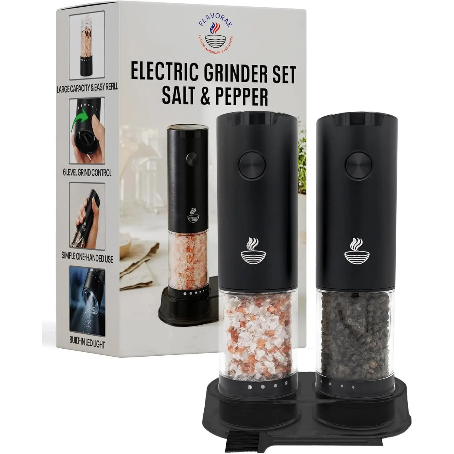 Electric Salt and Pepper  Set - Black 2 Pack  Operated Mills with 95ml Large Capacity, Adjustable Coarseness, -in LED Light, Automatic Salt & Pepper Shakers for Kitchen
