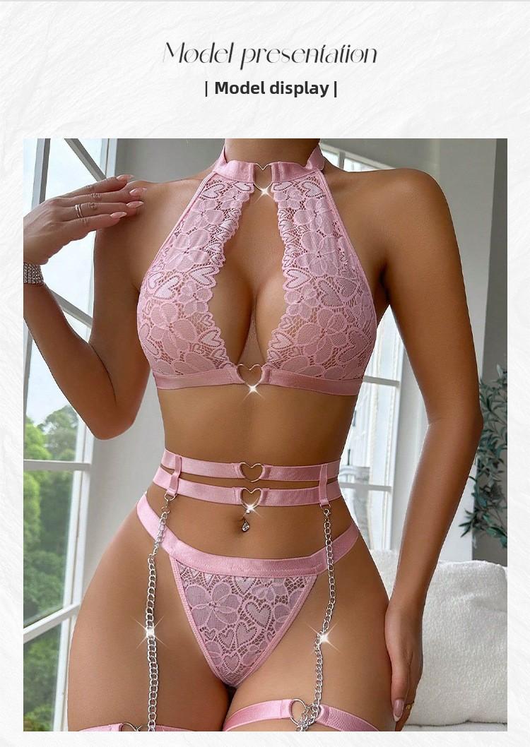 lingerie sets for women sexy [aceLingerie Set, Sexy Pink] 4pcs SexyLace Lingerie Set -Women's KnitFabric Underwear with Garter Belt andThigh Band, Hollow Spaghetti StrapDesign, 95% Polyester 5% Elastane,All-Season Solid Color, 90g/m Womenswear Comfort