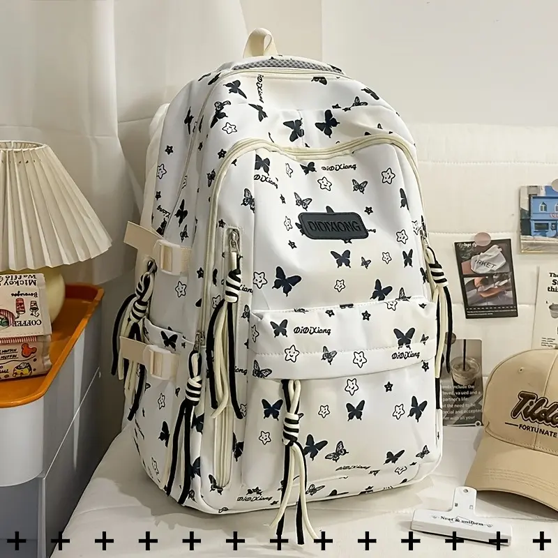 Anti-Theft Multi-Compartment Preppy Style Butterfly Print Nylon Women'S Backpack, Laptop Bag That Fits 15.6-Inch Laptops, Lightweight Daypack with Laptop Compartment, Multi-Pocket Large Capacity Travel Backpack