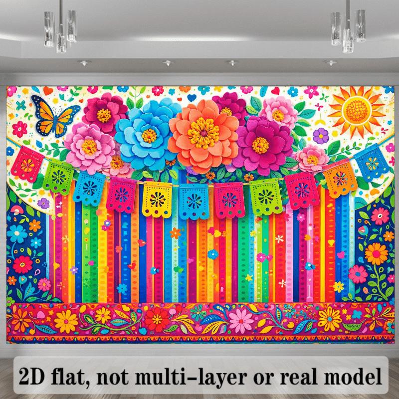 A Colorful Floral Party Backdrop in a Mexican Style on a 2D Plane, Featuring Large, Vibrant Flowers at The Top in Shades of Pink, Blue, Orange, And Purple, with Yellow Centers. Colorful Papel Picado Banners H