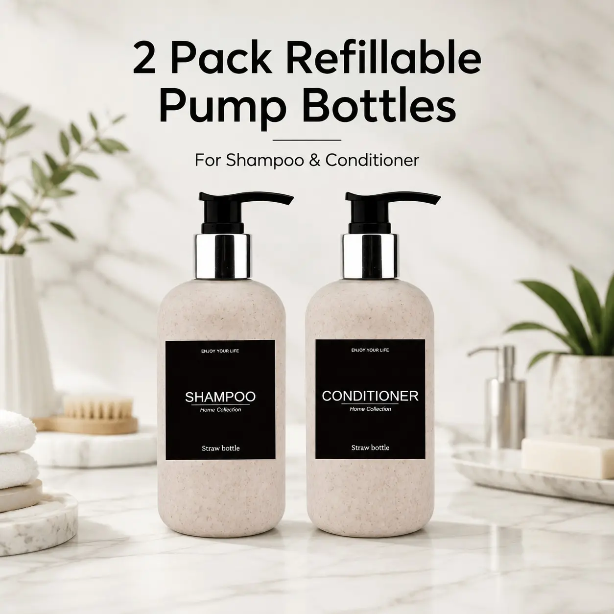 2pcs 250ml Wheat Straw Refillable Shampoo Conditioner Bottles,Round Shoulder Silver Black Pump,Leak Proof Reusable for Bathroom Kitchen Dorm Travel
