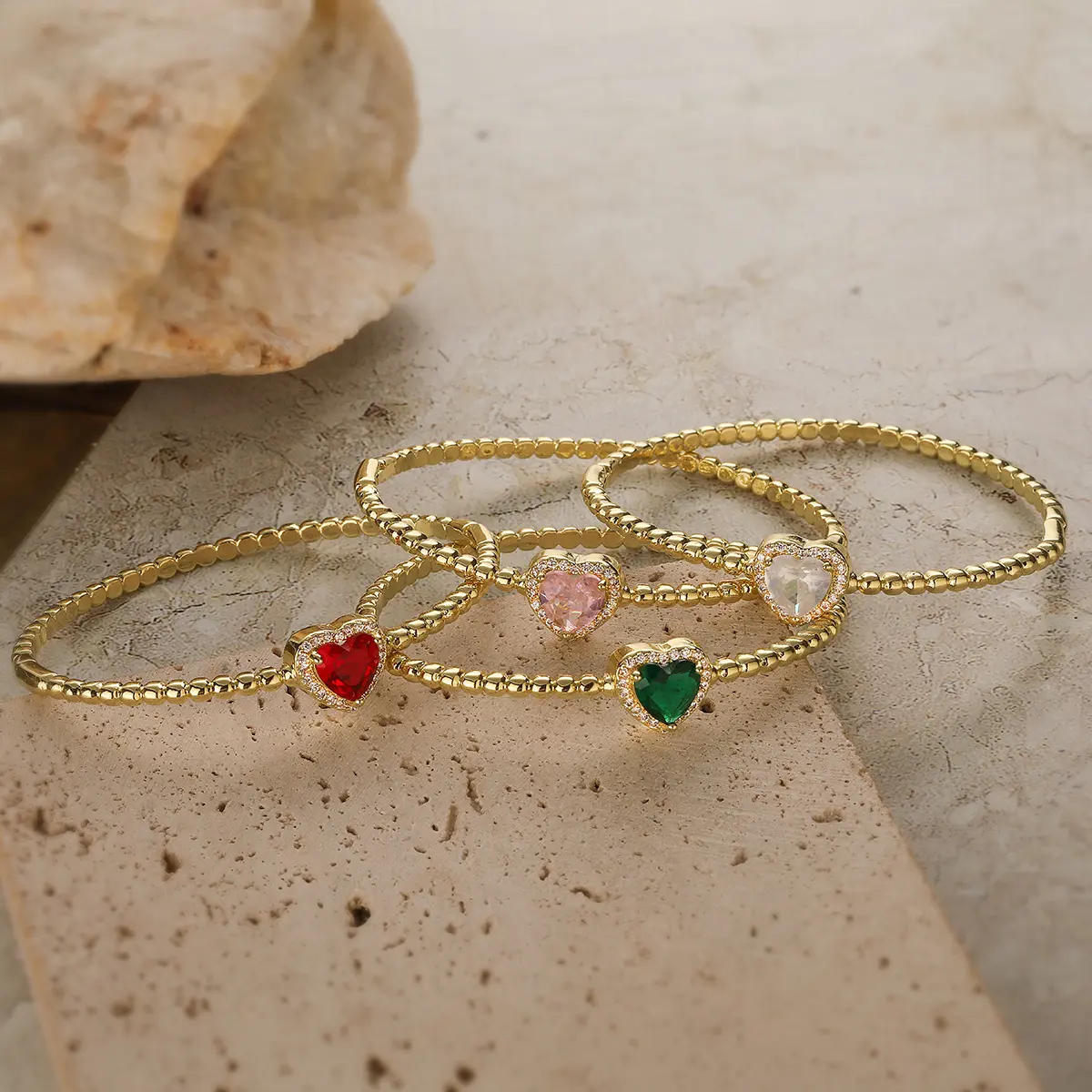 Women's 18K Gold Plated Love Bangle Bracelets - Dainty Zircon Heart Charm Minimalist Adjustable Stackable Jewelry, Elegant Gift for Her, Ideal for Date Night & Everyday Wear, Bangles, Gold Bracelets
