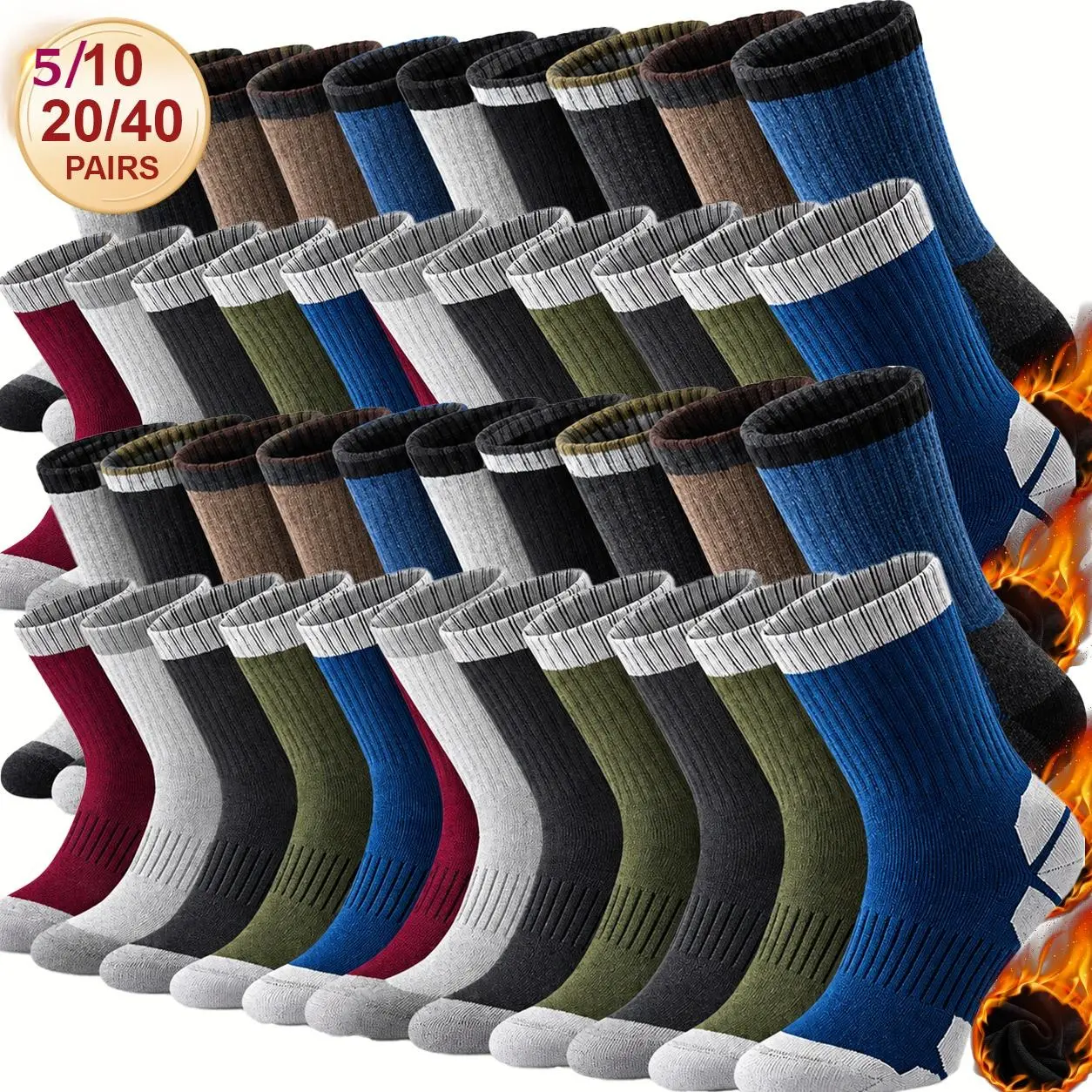 Menswear Men's Thermal Crew Socks (5/10/20 Pairs, 10pairs Random) - Thick Winter Warm Cushioned Work Boot Athletic Hiking Socks, Heavy Duty Soft Moisture Wicking, Multi Color
