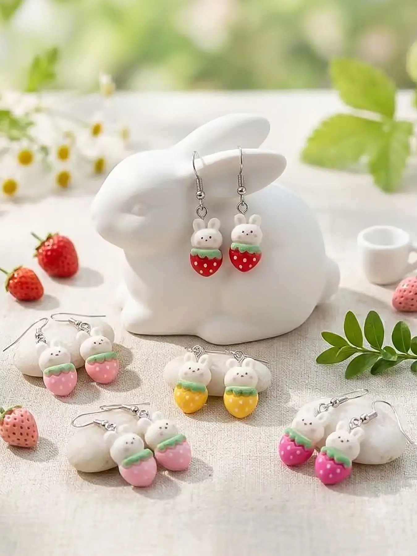 5 Pairs Earring Set, Cute Bunny Polka Dot Strawberry Design, Lightweight Resin Ear Jewelry, Sweet Girl Style, Perfect Gift for Friends