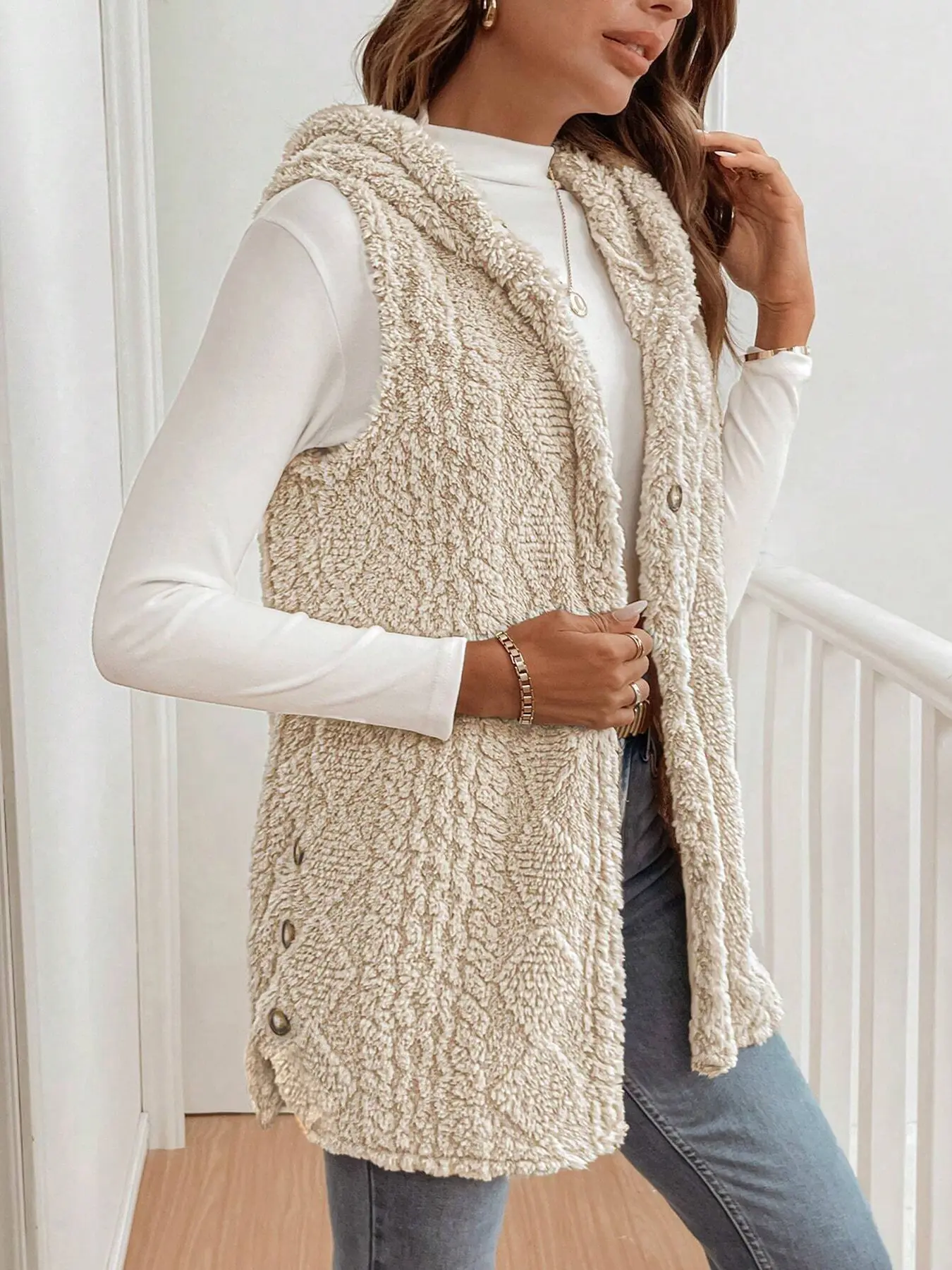 Women's Fashion Fall Winter Plush Hooded Vest Jacket, Casual Loose-Fit Baggy Knee-Length Argyle Pattern Coat, Thick Kint Fabric Outerwear, Garment