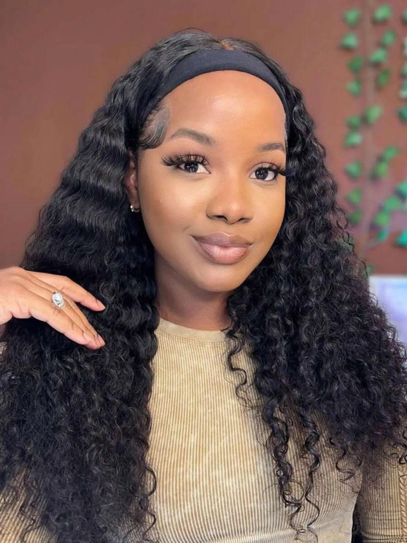 Deep Wave Synthetic Hair Headband Wig 200% Density Natural Color, No Lace Glueless Curly Wig, Voluminous Curls Protective Hairstyle for Daily Wear, Beginner Friendly Hairpiece, Summer Wigs
