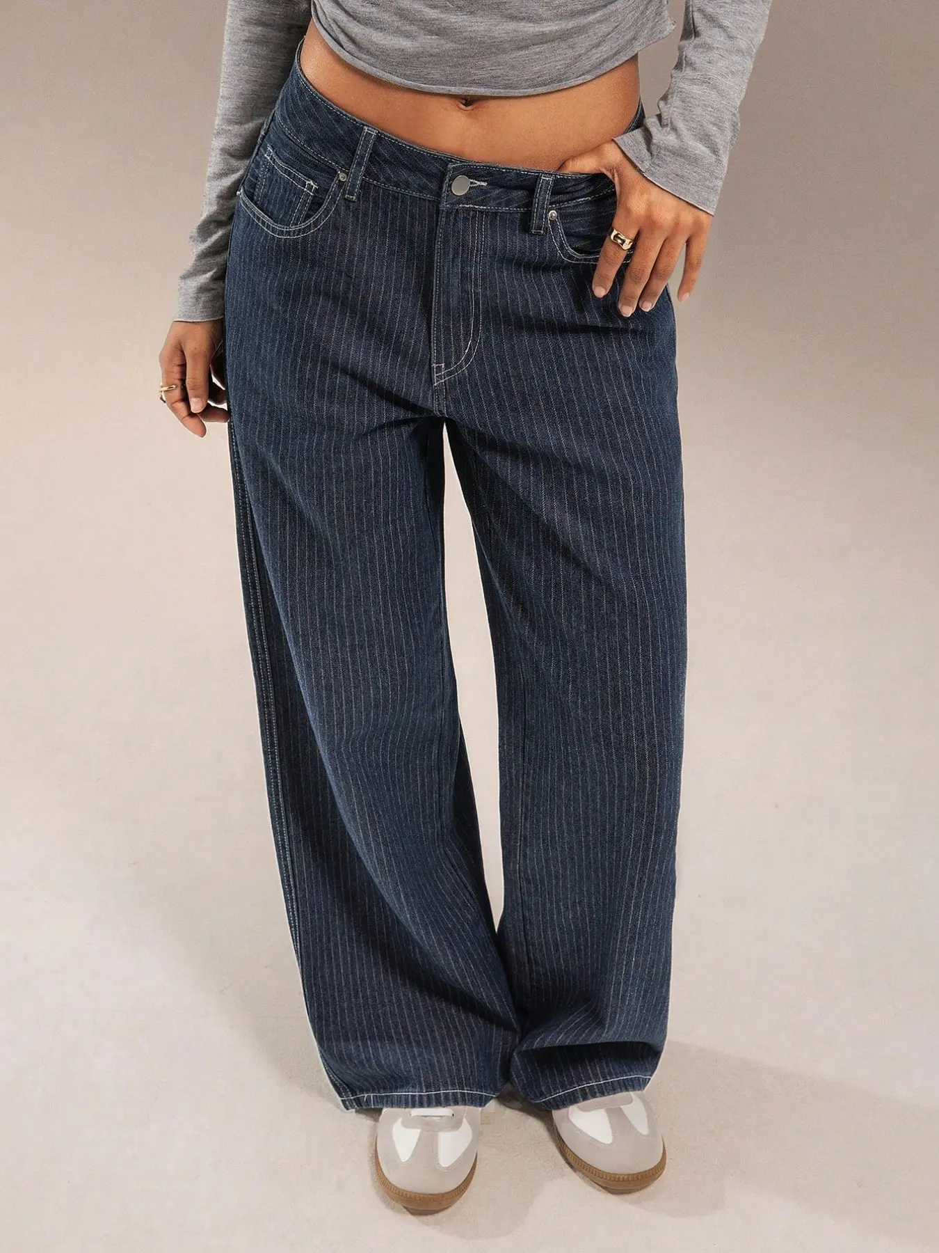 ✨Women's Dark Vertical Stripe Wide Leg Fashion Baggy Jeans, High Waist Loose Fit, Essential for Spring and Fall, Stylish and Comfortable