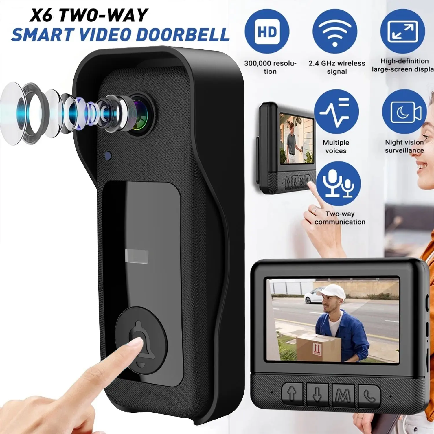 X6 Wireless Video Doorbell, 4.3 Inch Smart Home Doorbell, Night Vision HD, Two-Way Audio, IP68 Waterproof, Large Battery Capacity