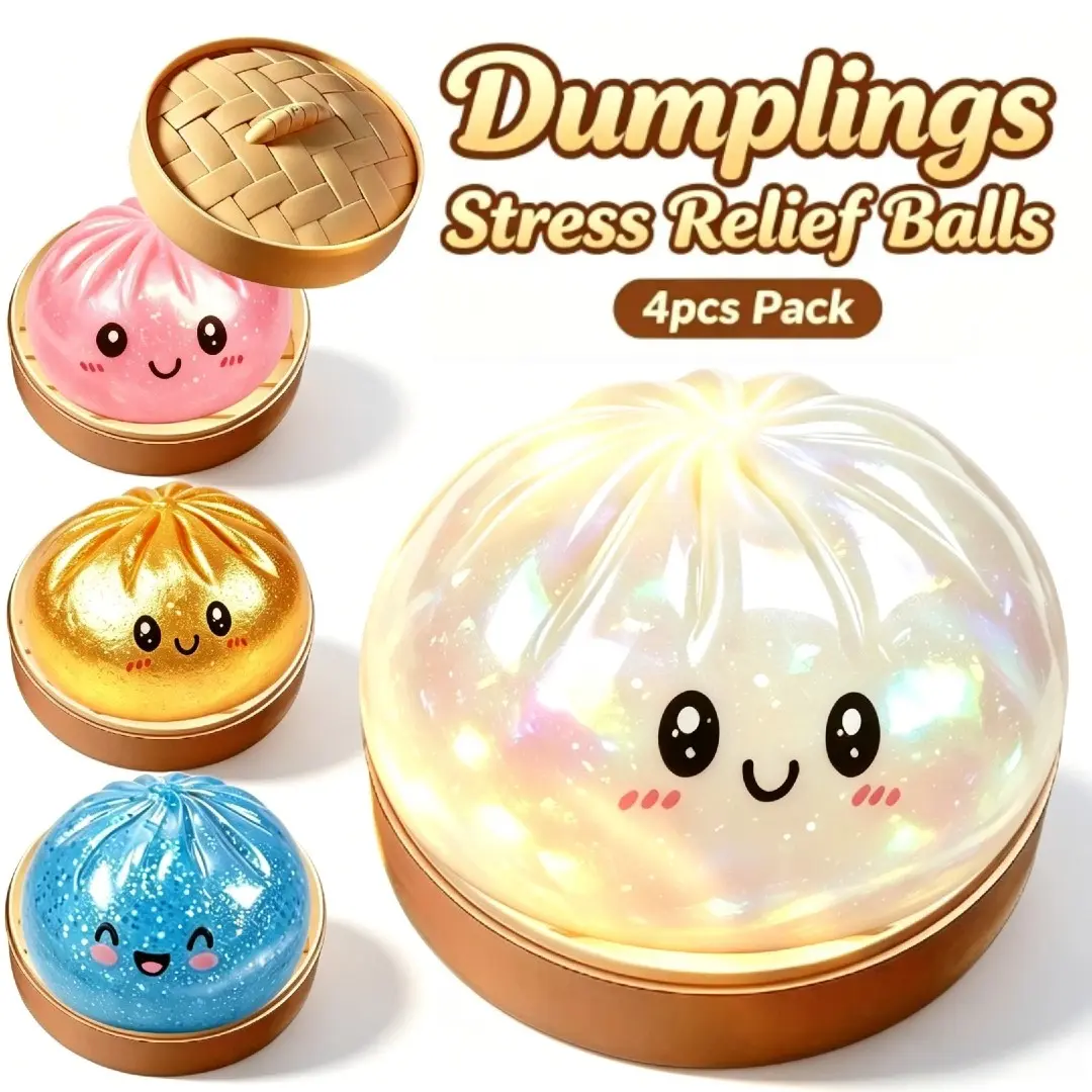 4Pcs Dumpling Squishy Set - Dumpling Anxiety Stress Relief Squishy Toy, Glitter Dumplings Squishy with Box, Dumplings Sensory Squeeze Toy for Stress Relief Stretchy Desk Toys, Anxiety Squishies, Dumpling Stress Balls