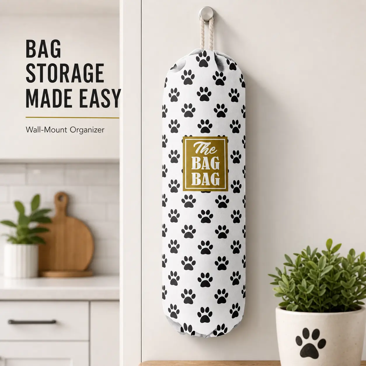 Plastic Grocery Bag Holder Organizer, Wall-Mounted Shopping Bag Storage Container Dispenser for Home Kitchen and Pet-Loving Homes, Entryway Storage Organization for Reusable Bags