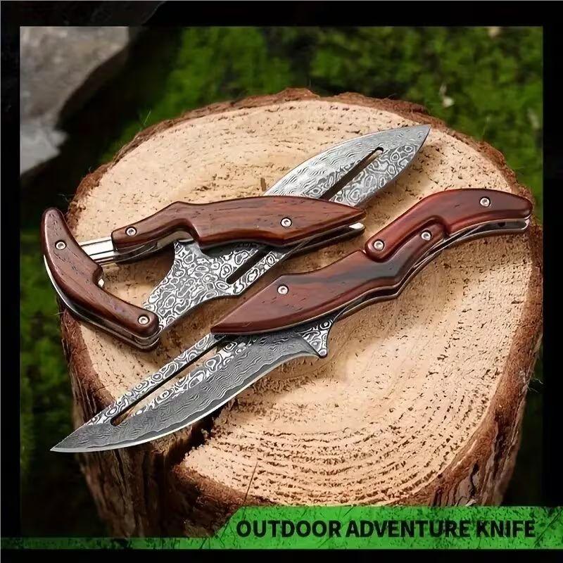 Damascus Steel Folding Knife with Wood Handle - Mechanical Magic Pocket Knife| Kitchen Peeling Tool & Unique Gift