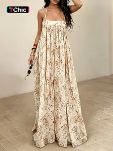 Women's Summer Floral Dress, Thin Straps Ruched Design, Loose Casual Bohemian Style, Perfect for Daily Wear and Vacation
