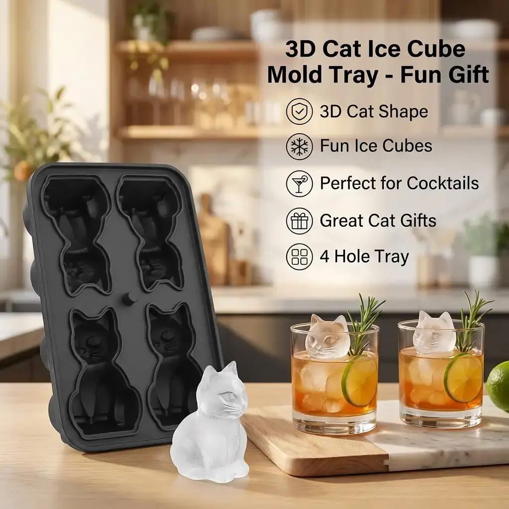 3D Cat Shaped Ice Cube Mold, 4 Hole Large Fun Shape Ice Cube Tray, Ice Molds for Cocktails, Bourbon, Brandy, Cocktail Whiskey Bourbon, Funny Cat Gifts for Cat Lovers