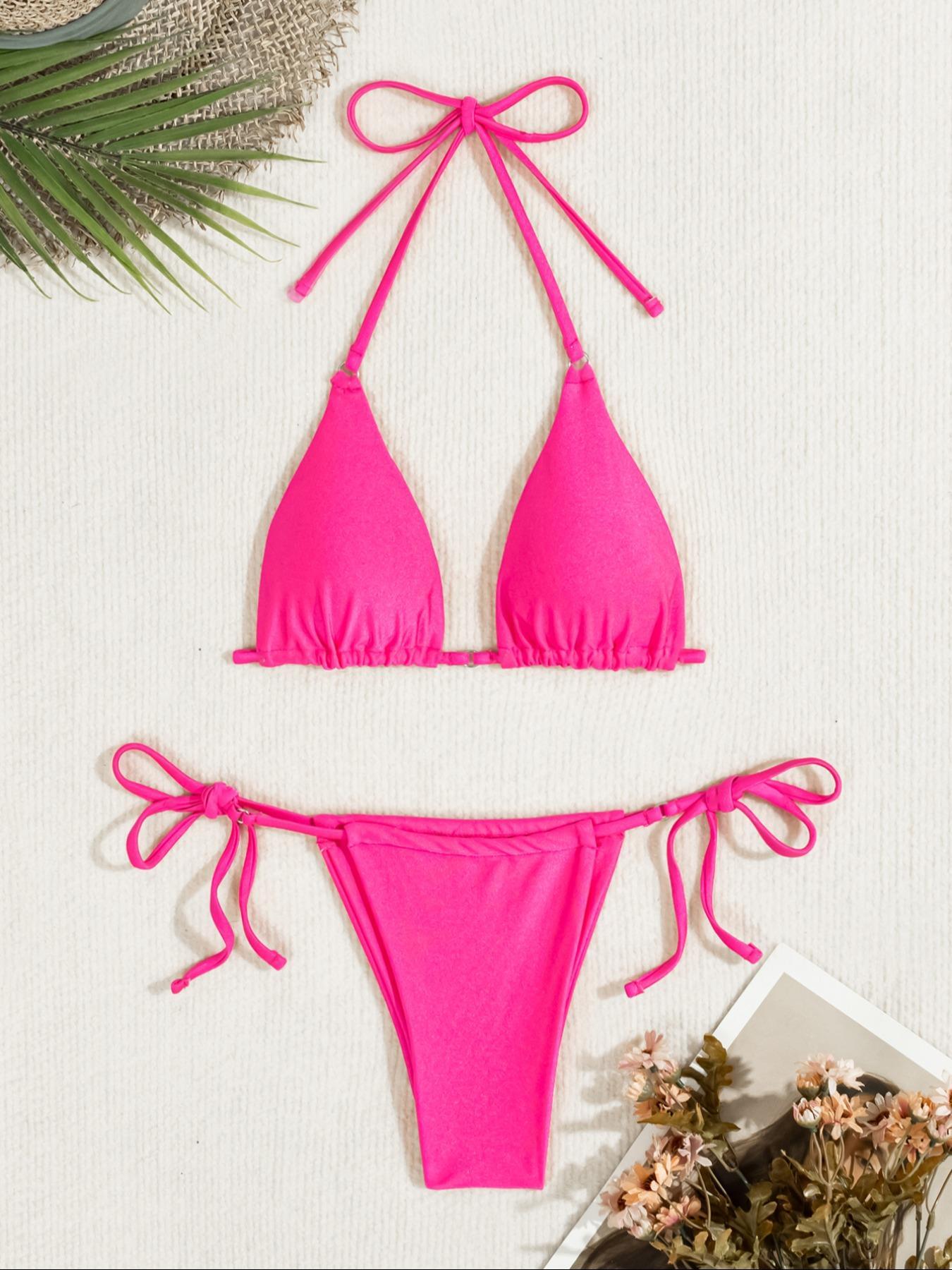 Mix & Match Sizing Solid Bikini Top/bottoms Bikini Set, Casual Halter Neck Backless Triangle Swim Top, Tie Side Swim Thong, Women's Summer Swimwear, Bikinis Sets, Bikini Outfits