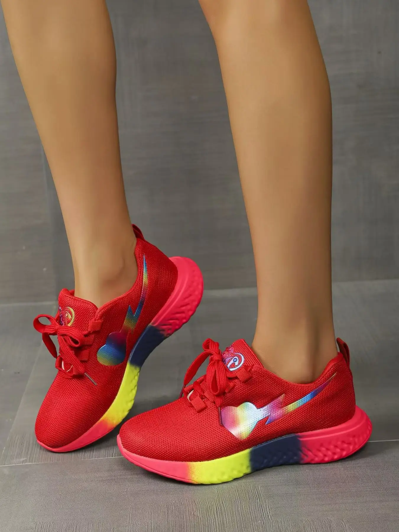 Y2K Colorful Mesh Running Sneakers, Rainbow Heart Lightning Decor Lace Up Walking Shoes, Gradient Multi Color Cushion Sole Streetwear Casual Trainers, Lightweight Breathable Women Sport Footwear, Trendy Running Shoes