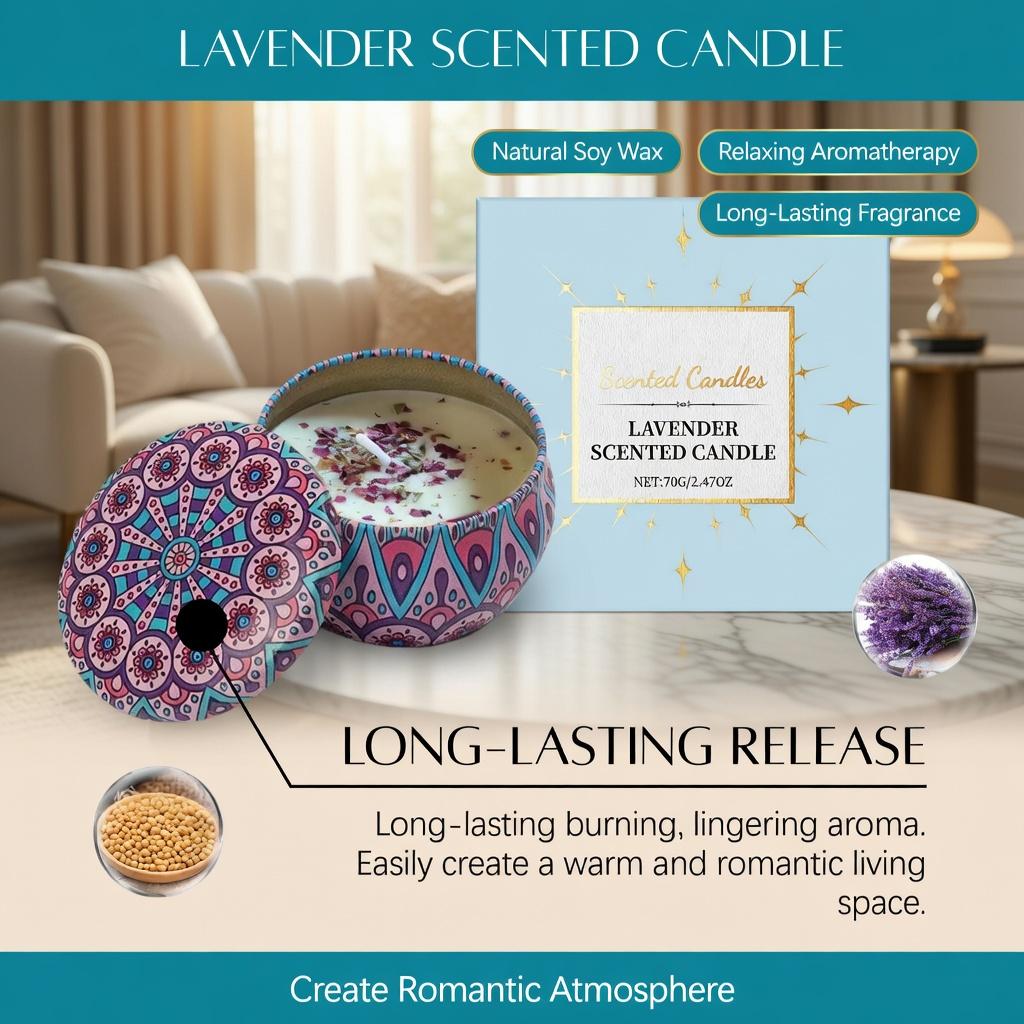 Elegant Lavender Scented Candle - Long Lasting Aromatherapy Candle, Fresh Delicate Fragrance, Romantic Relaxing Atmosphere for Daily Home Use