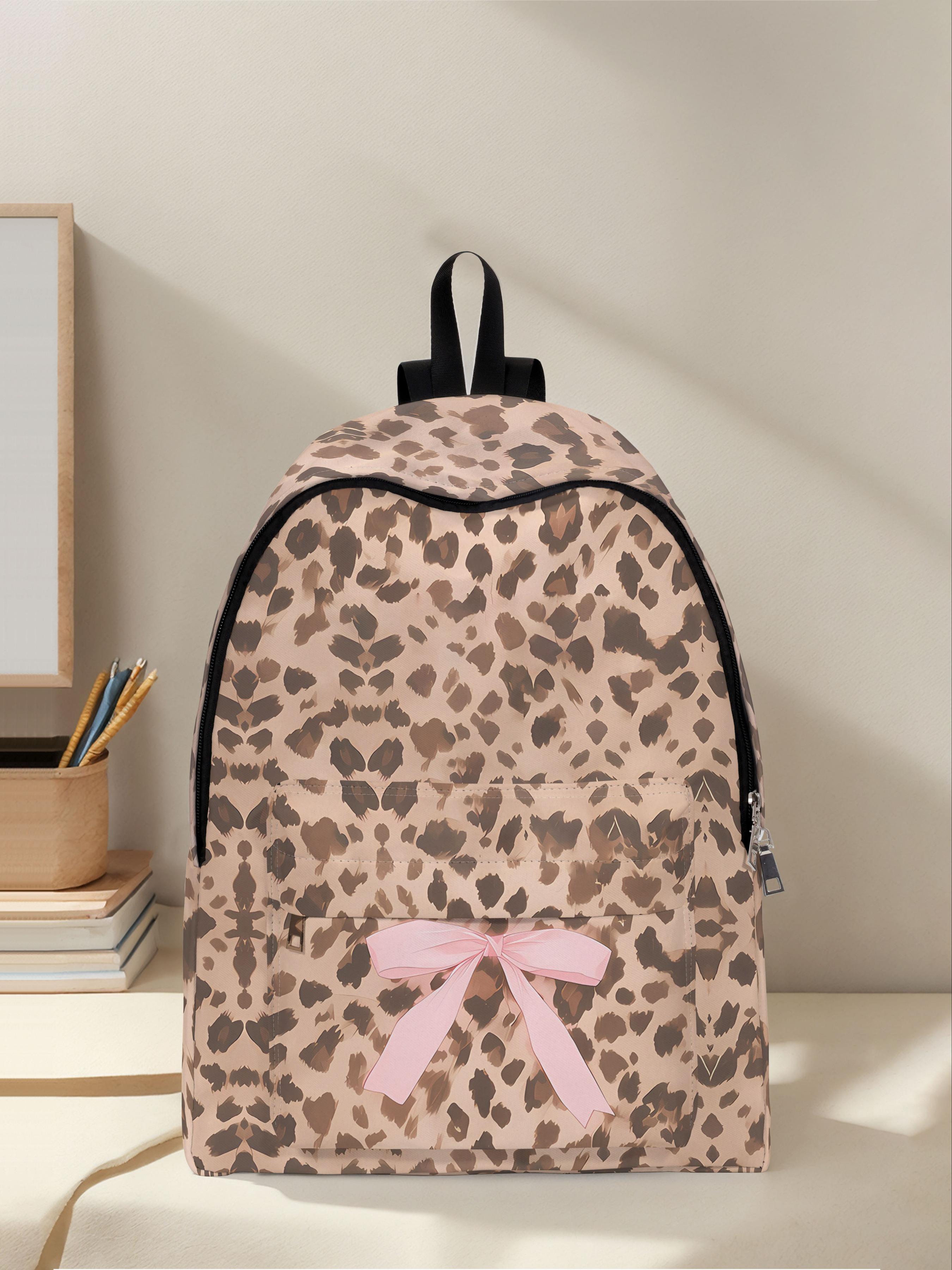 Leopard Print Bow Backpack with Fun Design, Spacious Storage for School Travel and Daily Use, Casual Style for All Seasons, Casual Printed Backpack