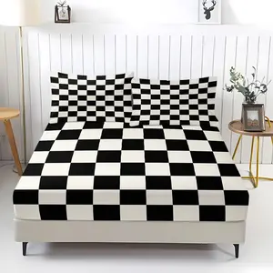 Checkered Plaids Fitted Sheet Set 3 Pcs,White and Black Checkerboard Bed Sheet with 2 Pillowcases,Geometric Grids Squares Abstract Soft Bedding Set(No Flat Sheet)