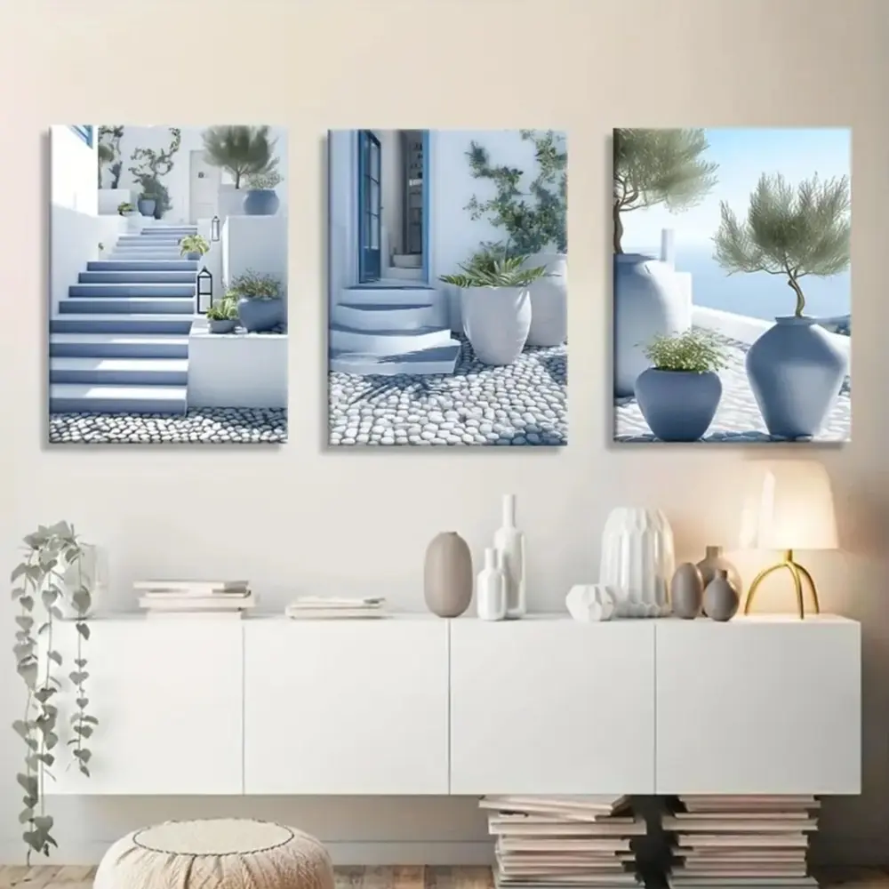 3-piece Santorini Blue & White Mediterranean Wall Art, Seaside Greek Landscape Canvas Prints, Framed and Unframed Options Available