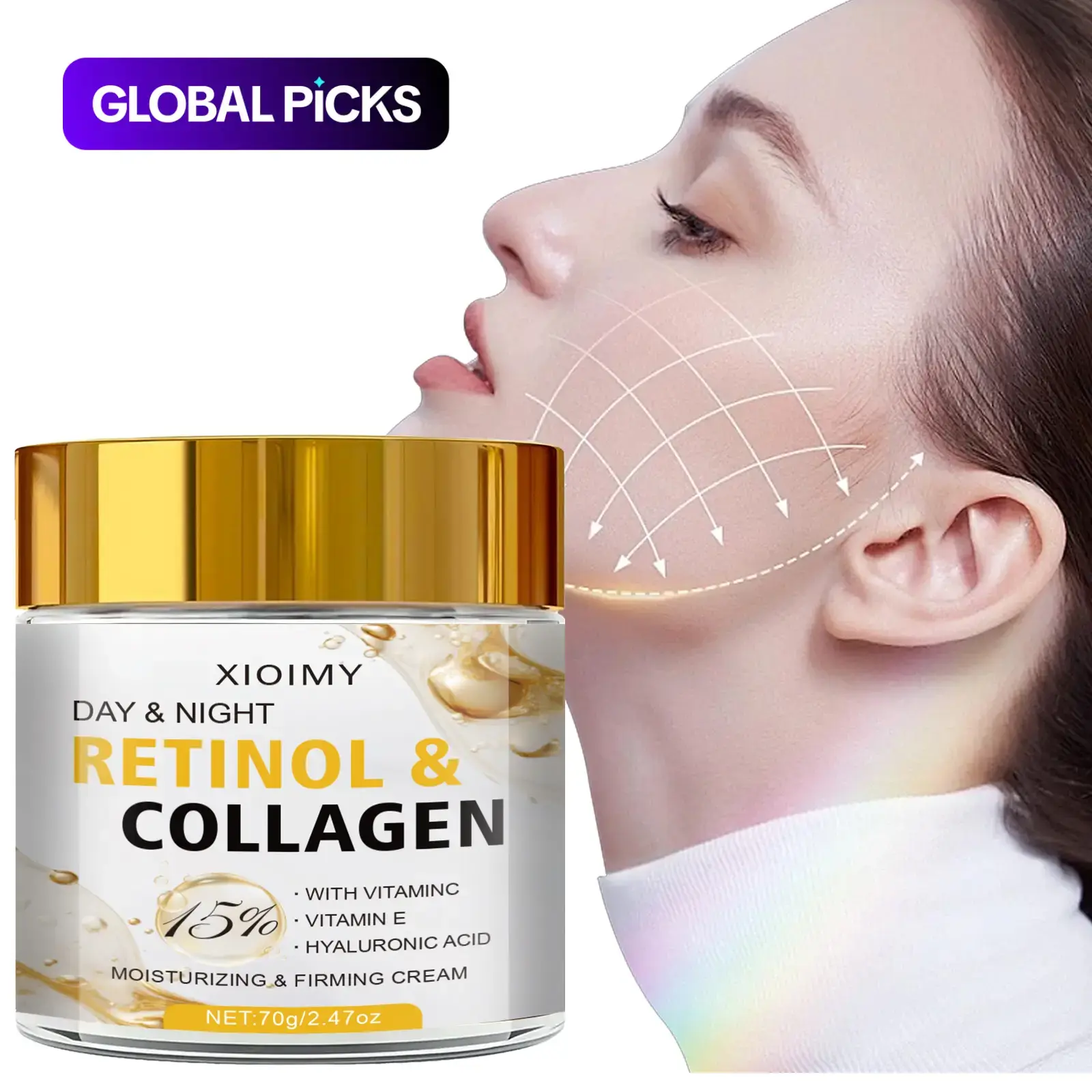 70 g Retinol & Collagen Day & Night Cream, Collagen Complex Moisturizer, Anti Wrinkle Moisturizer, Brightening Moisturizer, Moisturizing with Vitamin C, Vitamin E and Hyaluronic Acid, Dark Spot Treatment for All Skin Types and Daily Radiant Skin
