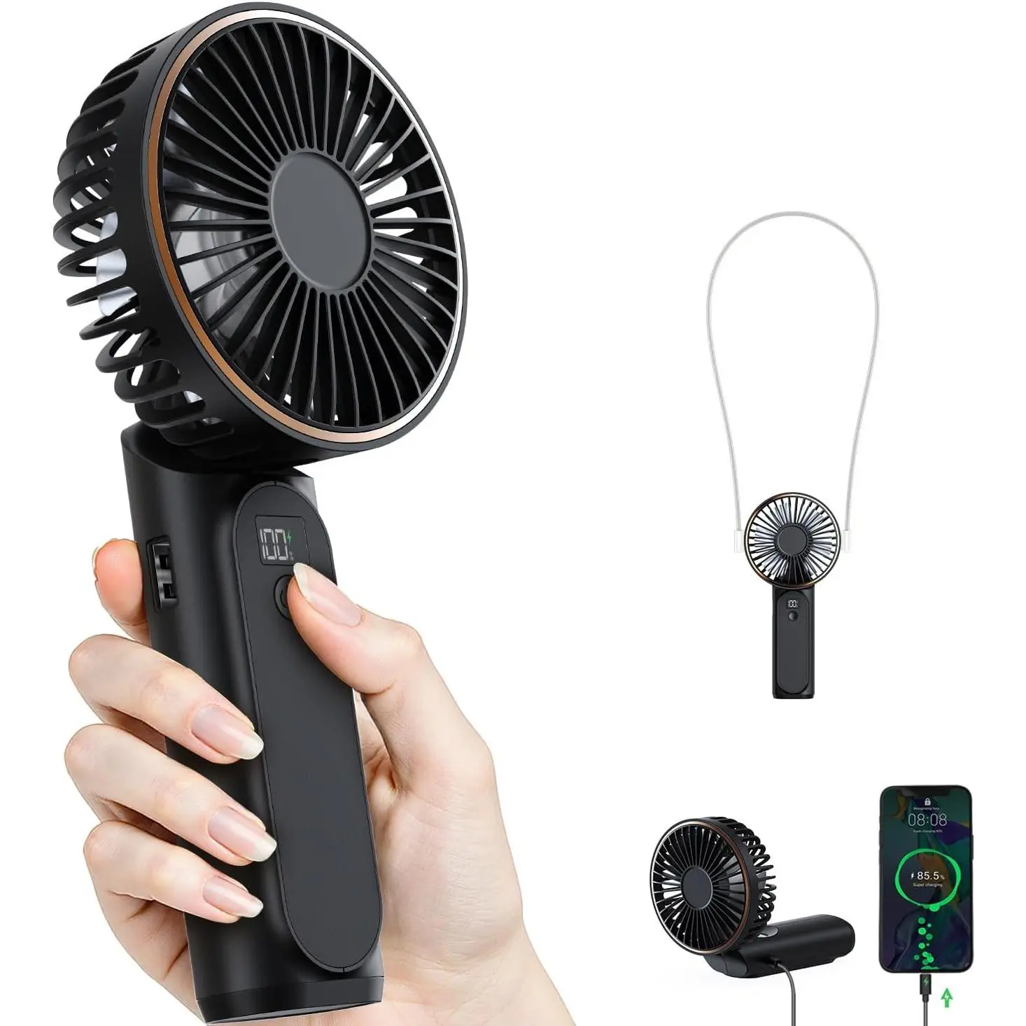 Portable Handheld Fan, Portable Fan Rechargeable, 4000mAh, 180° Adjustable, 6 Speed Wind, Display Electricity in Real Time, USB Rechargeable Foldable F an, Quiet Personal Fan as Power